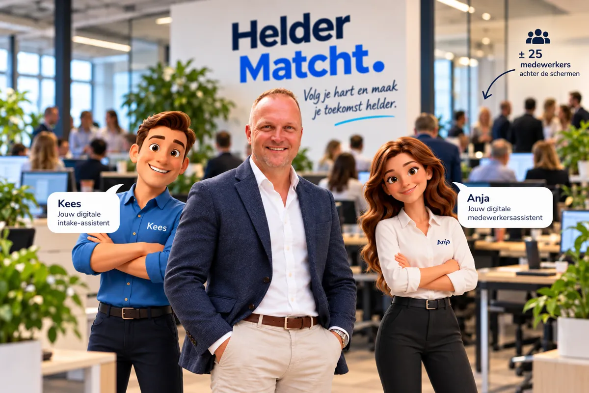 Jan George Helder in het kantoor van Helder Matcht, met Kees en Anja