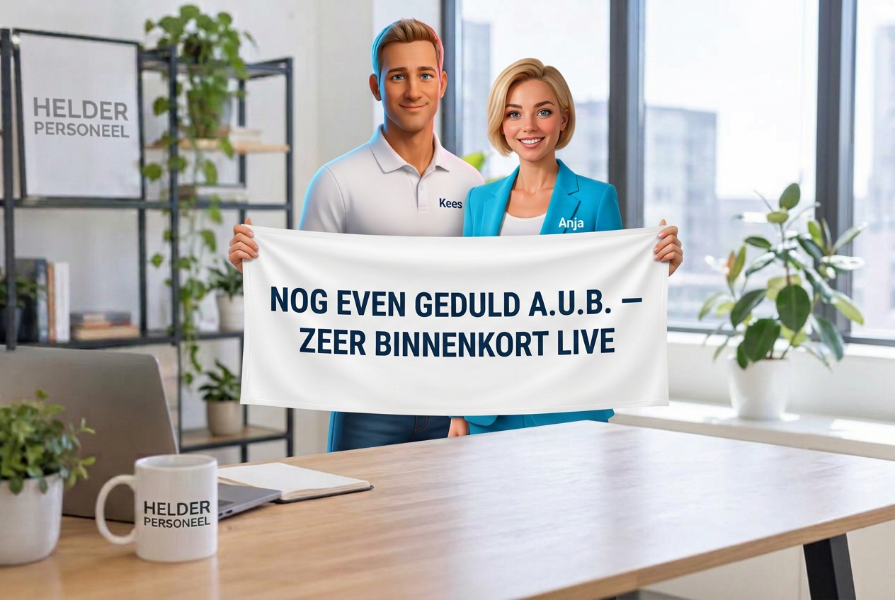Kees en Anja houden een spandoek vast: nog even geduld a.u.b., zeer binnenkort live