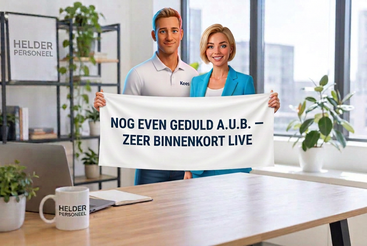 Kees en Anja houden een spandoek vast: nog even geduld a.u.b., zeer binnenkort live
