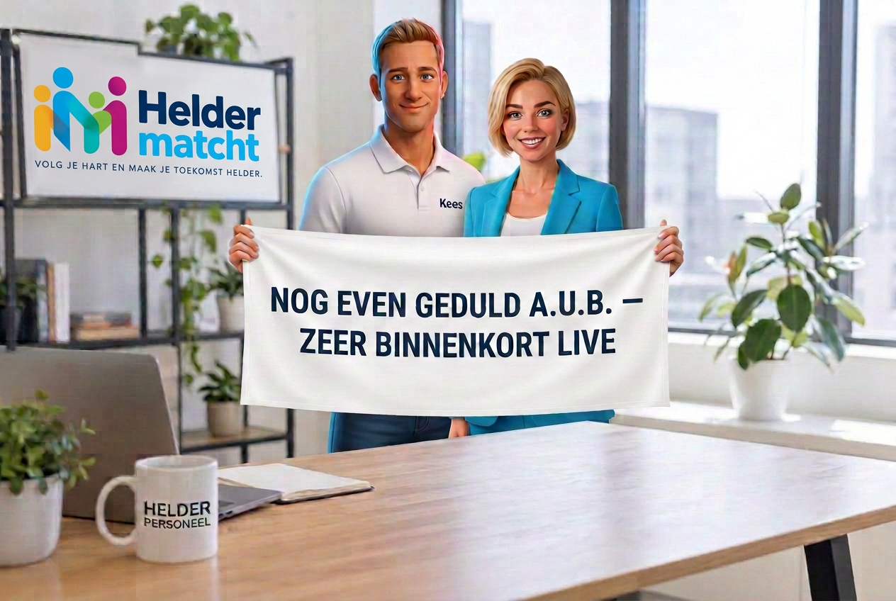 Kees en Anja houden een spandoek vast: nog even geduld a.u.b., zeer binnenkort live